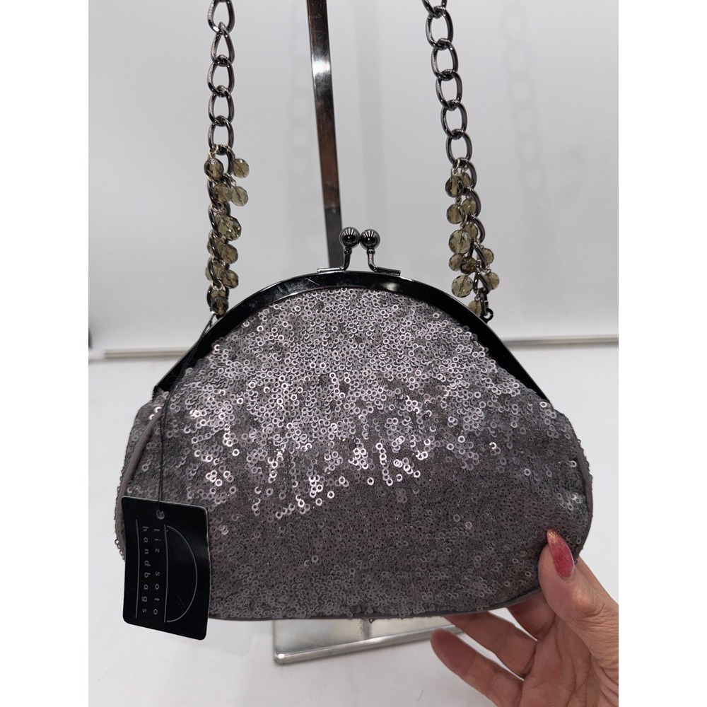 Liz Soto Silver Sequin Kiss Lock Evening Bag Beaded Chain NWT